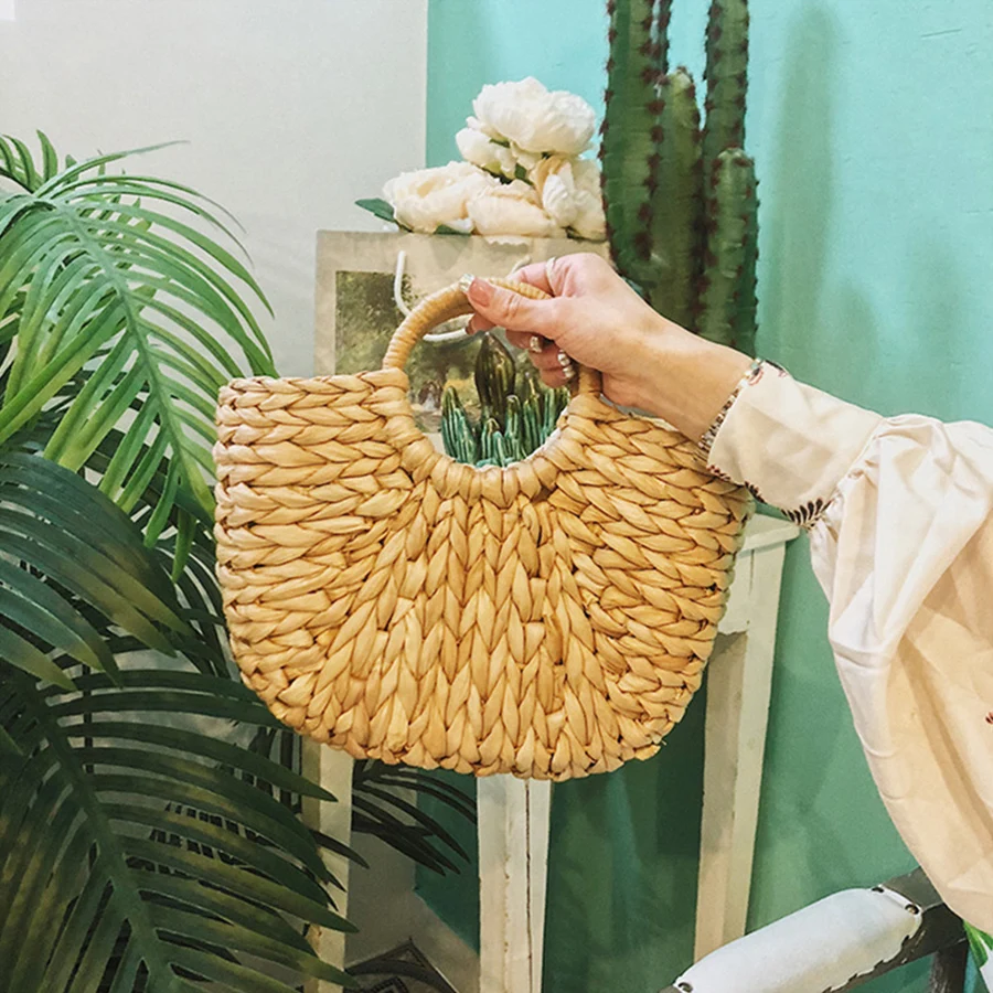 البوهيمي بالي باليد المنسوجة سترو حقيبة المرأة حقائب الصيف كيس الروطان شبه دائرية أعلى-حقائب بيد عالية قدرة الشاطئ الكتف