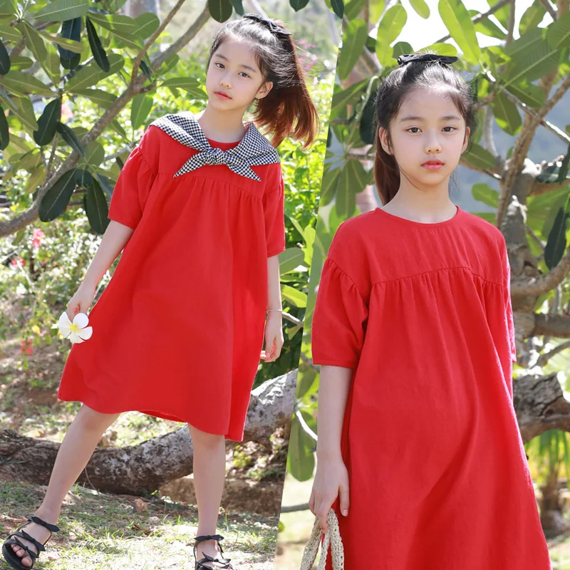 

2019 Summer New Girl Dress With Scarf Red Cotton O-neck Short Sleeve Solid Mini Princess Dress Cute Big Girls Party Dress