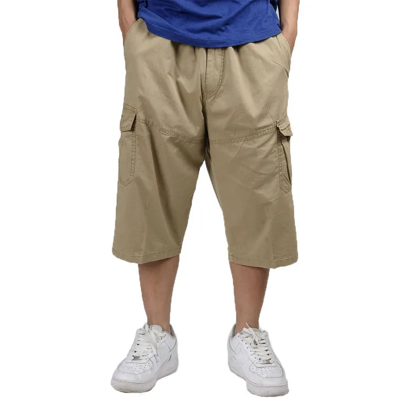 3/4 мужские летние мешковатые брюки карго из хлопка длиной до середины икры размера плюс, повседневные брюки, мужские большие свободные большие размеры 4XL 5XL 6XL, черные