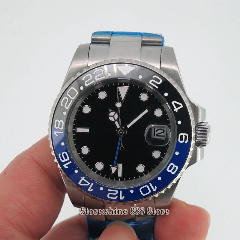 

40mm PARNIS black Sterile dial sapphire glass GMT ceramic Bezel date automatic men watch