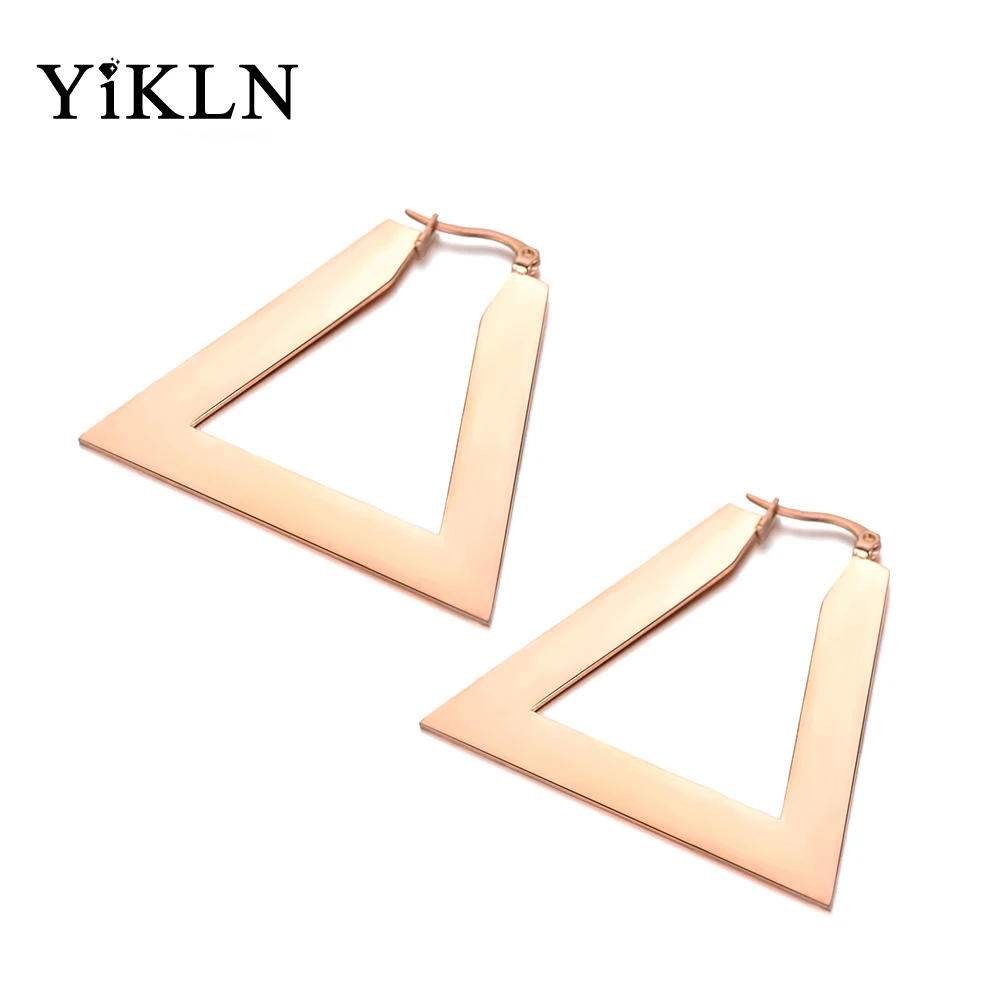 

YiKLN OL Style Rose Gold Stainless Steel Jewelry Hollowed Out Triangular Hoop Earrings For Women Party Gifts Brincos YE18066