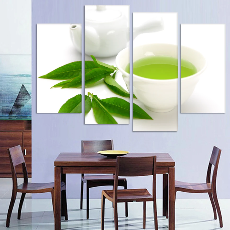 

Wall Art 4 Piece Canvas Kitchen Modern Painting Green Tea Painting Home Art Picture Paint On Canvas Prints Decor Poster Unframed