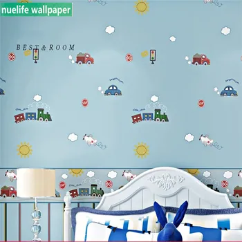 

Blue cartoon car pattern stripe protection non-woven wallpaper kids room dormitory living room TV sofa background wall paper