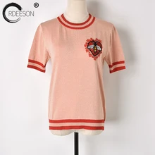 ORDEESON любовь пчела узор Цветы Аппликации укороченный Топ T тонкие пуловеры вязальный резервуар летний топ Корейская полосатая Дизайнерская одежда