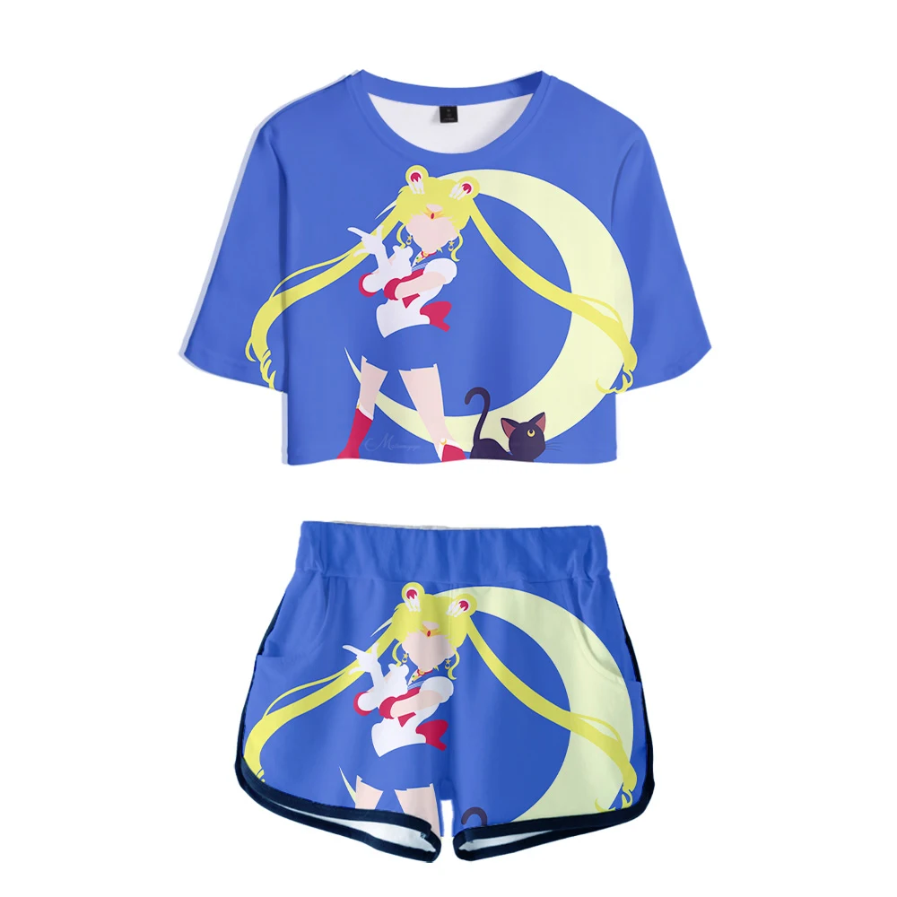 3D Сейлор Мун роса пупка футболка наборы аниме Женский комплект из двух предметов Короткие штаны летние дышащие каваи Сейлор Мун принт одежда