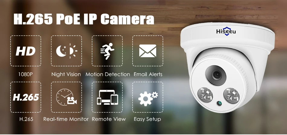 Hiseeu 2mp câmera ip poe h.265 dome