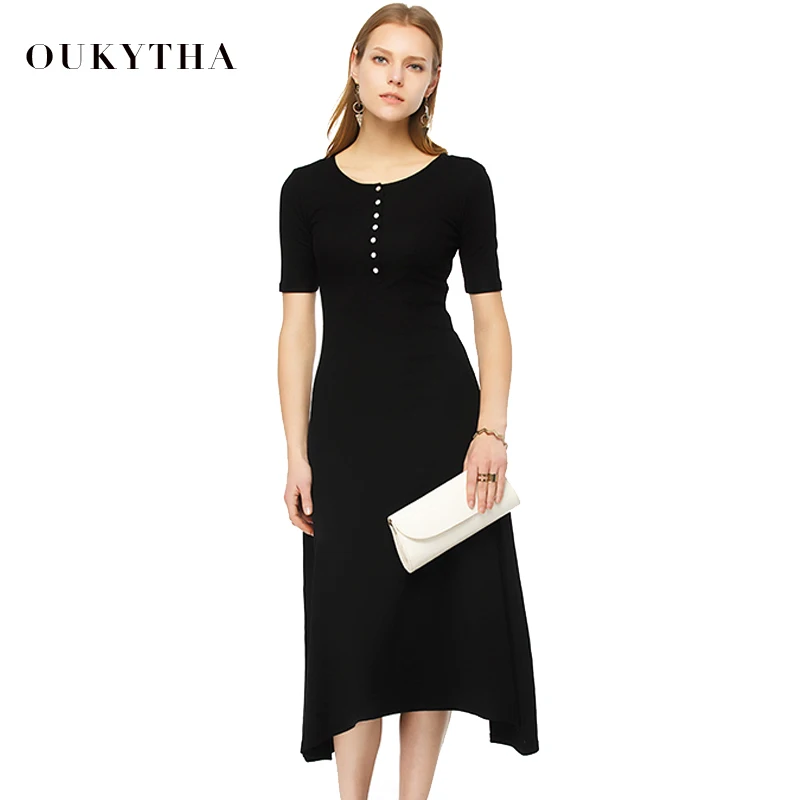 

2018 Summer Women Dress Slim Cotton Solid Casual Balck Long Dress Crew Neck Buttons Front short Sleeve Womens Stretch Bodysuit
