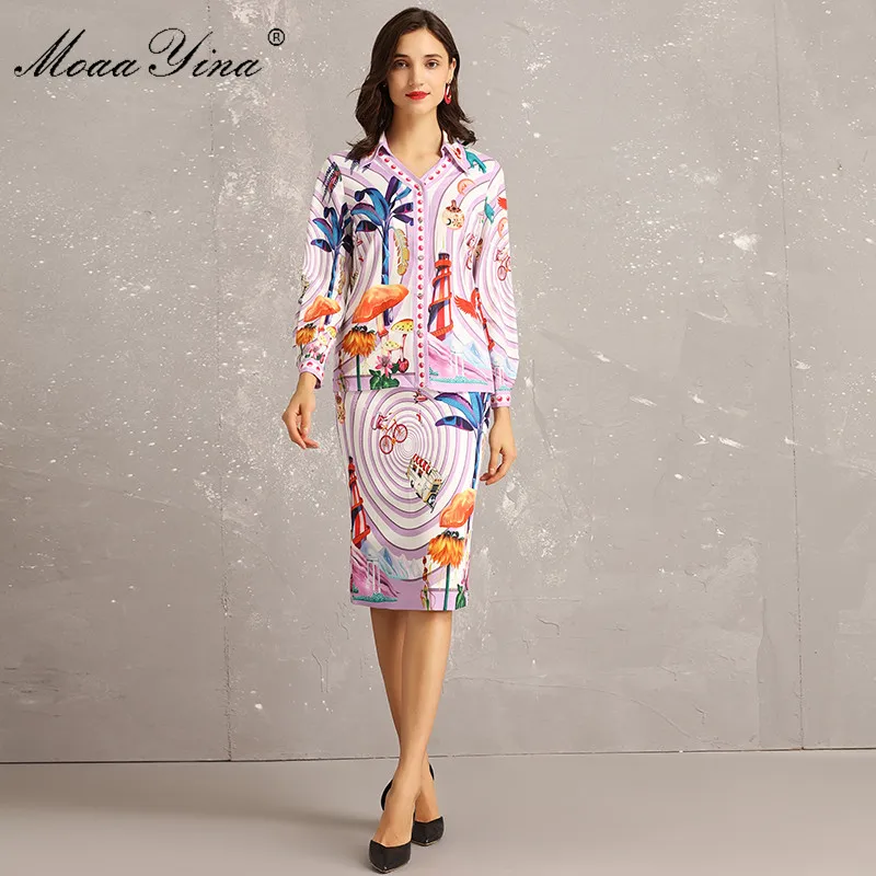 

MoaaYina Fashion Designer Set Spring Women Long sleeve Prairie Chic Floral-Print Beading Elegant Tops+Midi Skirt Two-piece suit