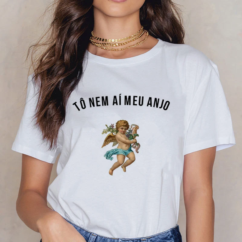 Angel 90 s модная футболка женская Kawaii печать с коротким рукавом o-образным вырезом Футболка винтажная мода Ullzang футболки с забавным принтом