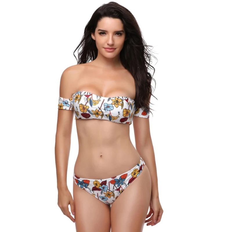 

Multicolor Tankini Swimwear Lady Split Print Shoulder Sexy Off Shoulder Wire Free Padded Bra Swimsuit Beach Bathing Suit