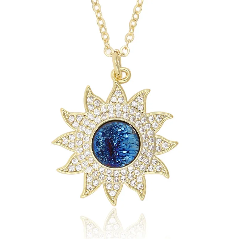 

Luxury-Pave CZ Crystal Blue Druzy Sun Cubic Zirconia Ladies trendy necklace women femmle collares de moda 2019 jewelry choker