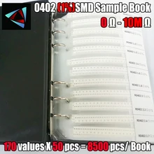 Resistor de amostra de 0402 1% smd, correia de resistor de livro de tosa, 8500 peças, 0r ~ 10m