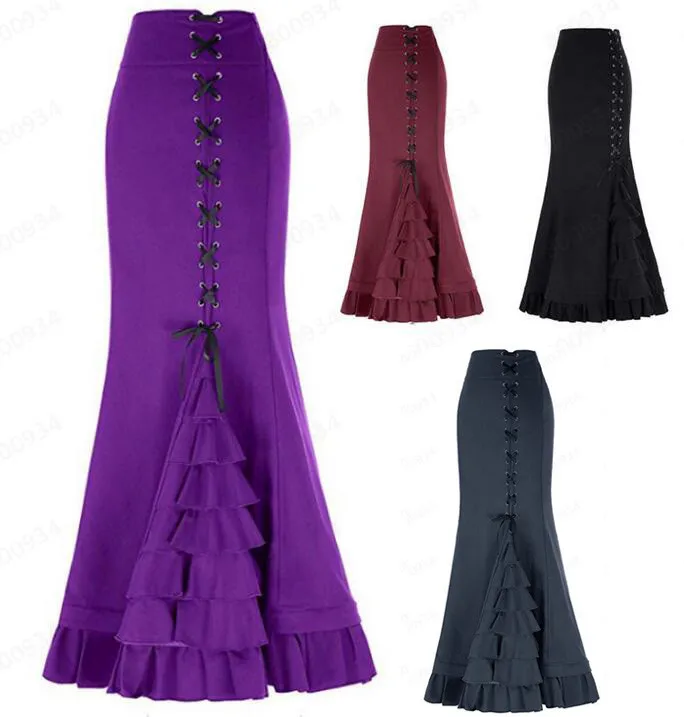 Новая женская сексуальная Готическая винтажная длинная юбка-Русалка с цветочным принтом Ruffe на шнуровке, макси юбка на шнуровке, облегающая тонкая элегантная длинная юбка