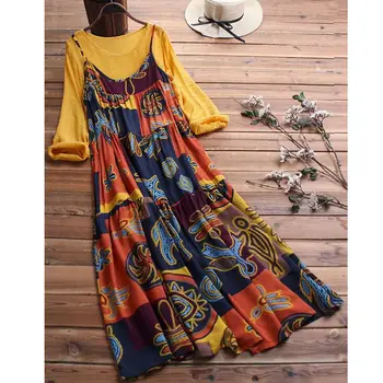 

New 2019 Women Two-piece Cotton Linen Dress Retro Floral BOHO Maxi Dress Strappy Sundress Plus Size M-5XL