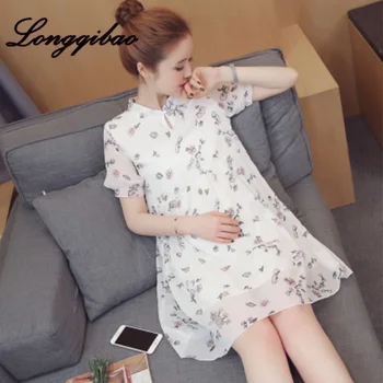 

Long Qibao High Quality Maternity Dress 2019 Summer New Fashion Temperament Print Loose Chiffon Maternity Dress Free Shipsing
