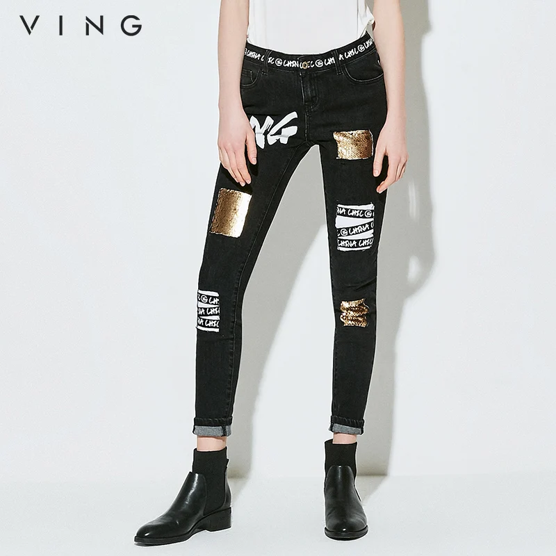 

Ving 2017 Women Letter Print Jeans Autumn Patch Washed Fashion Jean Sequin Print Women Pencil Pants