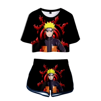 

3D HOKAGE Women Two Piece Sets NARUTO Short Sleeve Summer T shirt+Shorts Crop Fashion Summer Sexy simple Printed Sets