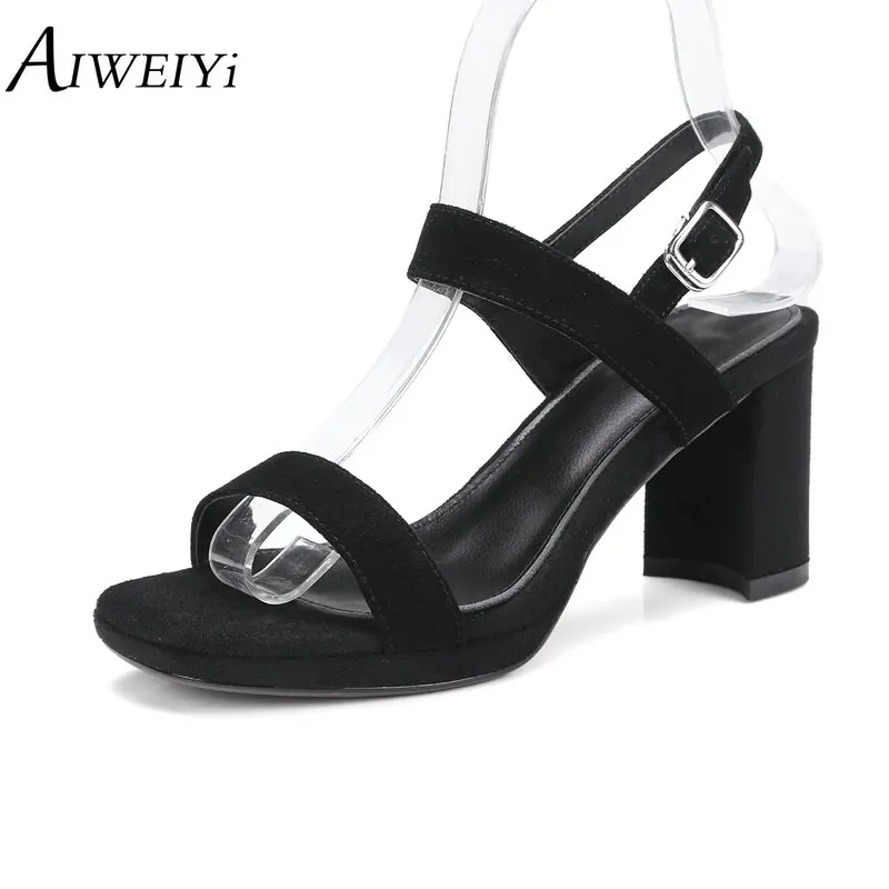 

AIWEIYi 2018 Summer Gladiator Sandals Women Genuine Suede Leather Square High Heel Women Shoes Casual Female Sandals Shoes