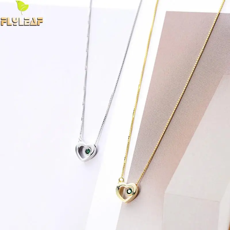 

Flyleaf 100% 925 Sterling Silver Green Cubic Zirconia Heart Necklaces & Pendants For Women Minimalism Fashion Party Jewelry