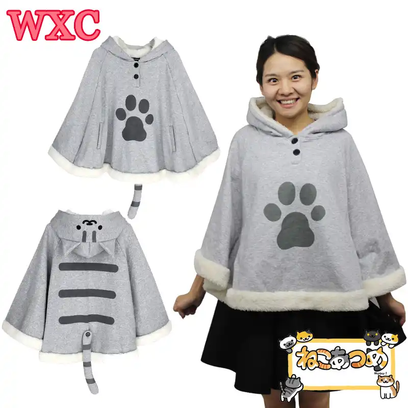 Neko Atsume Cloak Coat Lolita Cute Cat Kawaii Gray Sweater Hoodie Thick Coat