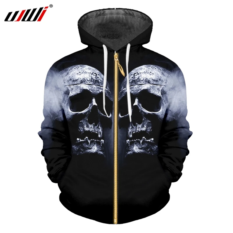 

UJWI Mens Hip Hop Zip Hoodies Mysterious Smoke Skulls 3D Printed Personality Punk Rock Man Zipper Coat Large Size 6XL