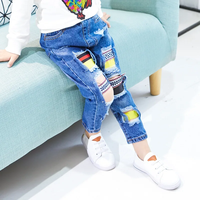 

2018 new autumn girls tide ribbon holes loose jeans fashion rainbow girl's jean trousers kids girl denim pants