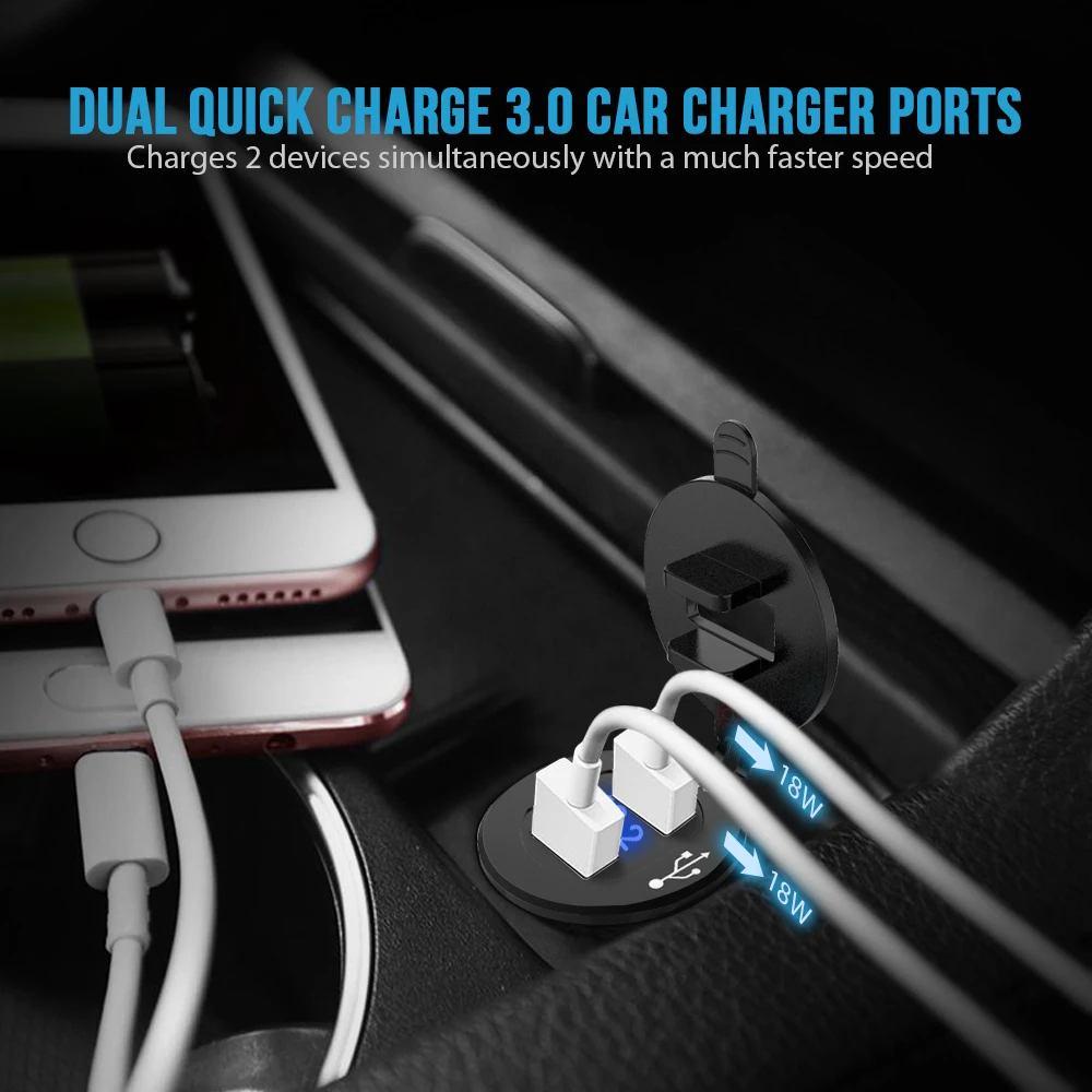 MICTUNING автомобиля Quick Charge 3,0 Автомобиля Зарядное устройство 12 V-24 V 36 Вт грузовой Алюминий Dual USB розетка с светодиодный цифровой вольтметр и предохранитель провода комплект