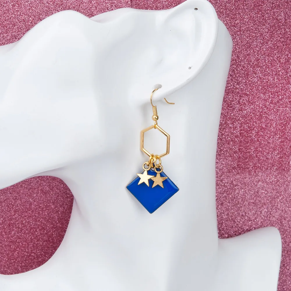 

8SEASONS Women Fashion Copper Sequins Drop Earrings Gold Color Royal Blue Honeycomb Rhombus Enamel 59mm x 25mm, 1 Pair