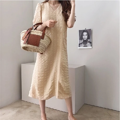 

2019 Korean Puff Sleeve V-neck Loose Casual Women Dress Ankle-length Long Casual Artistic Women's Clothing Fashion Brief Dress