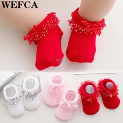 Милые носки для новорожденных, носки принцессы с кружевным бантом для маленьких девочек, хлопковые носки для маленьких девочек 0-12 месяцев