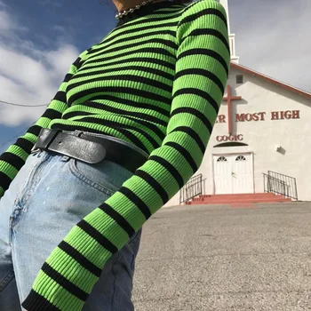 Harajuku Contrast Striped Sweater Black & Green Color Block Ribbed Knit Slim Tops Sweater Women Pullovers color block mixed knit pullover sweater