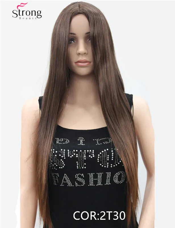 E-4118 2T30_Long Straight Brown Black, Center Skin Part, no Bangs, Full Synthetic Wig (2)