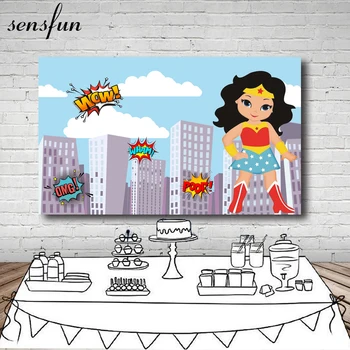 

Sky Blue Clouds Building Wonder Women Photography Backdrop Girls Birthday Party Backgrounds For Photo Studio 7x5FT Vinyl