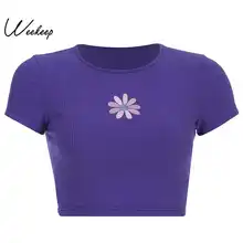 Weekeep женская укороченная футболка с цветочной вышивкой, круглый вырез, короткий рукав, облегающая футболка, летняя повседневная сексуальная укороченная футболка