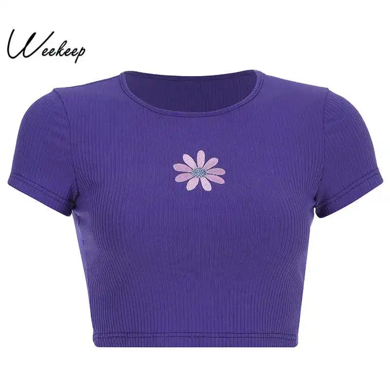 

Weekeep Women Cropped Floral Embroidery t shirt O-neck Short Sleeve Bodycon t-shirt Summer Casual Sexy Crop Top
