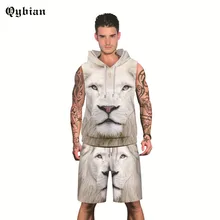 Для мужчин Для женщин Повседневное хип-хоп костюм 3D белый с принтом льва Толстовки с капюшоном+ Брюки для девочек без рукавов Футболка Повседневное спортивный костюм короткие штаны