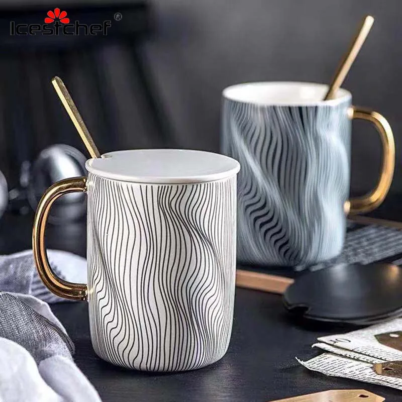 

ICESTCHEF 420ML Ceramic Coffee Mug With Lid And Spoon Unique Coffee Mugs Set Gold Edge Porcelain Coffee Mug For Lovers