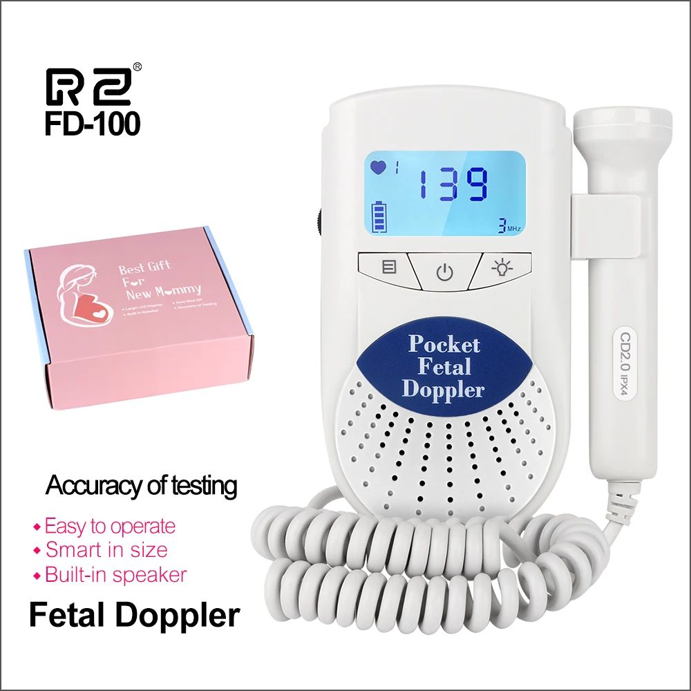 RZ Digital Fetal Doppler Ultrasound Sound Baby Heartbeat Detector Monitor LED Digital Prenatal Pocket Fetal Doppler