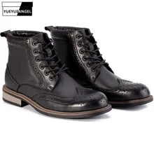 Обувь с перфорацией типа «броги» в британском стиле ретро; мужские байкерские кожаные ботильоны на шнуровке с круглым носком в стиле панк; Зимняя мужская обувь с высоким берцем