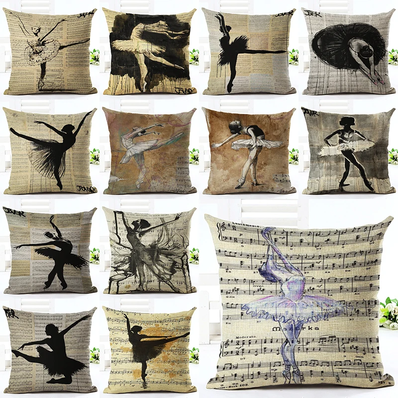 

2016 Fashion Style Ballerina Print Home Decorative Bed Cushion Throw Pillow Case Vintage Cotton Linen Square Pillows