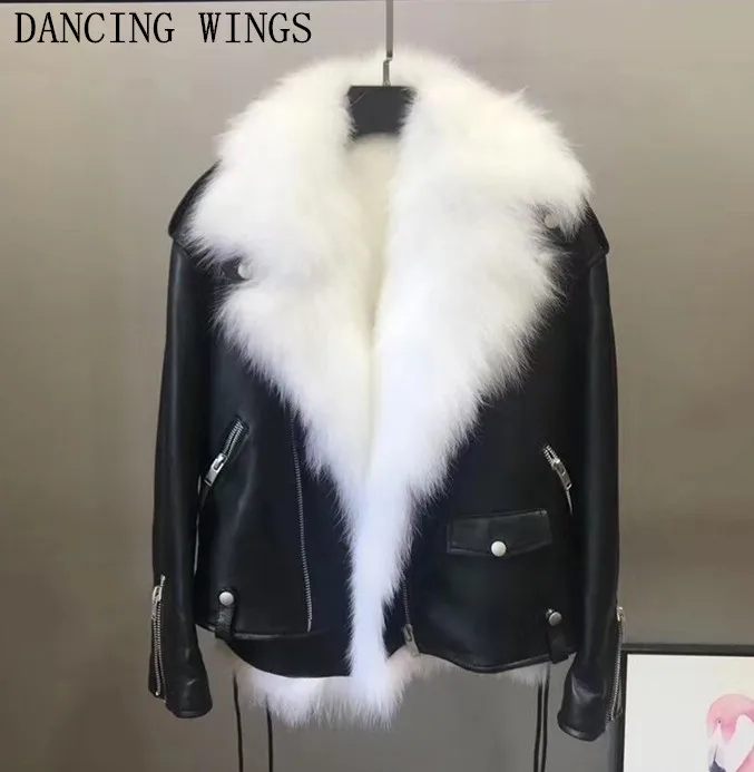Brand Design Real Fur Sheepskin Jacket Womens Winter Fashion Lapel Real Fox Fur Liner Genuine Leather Locomotive Jacket