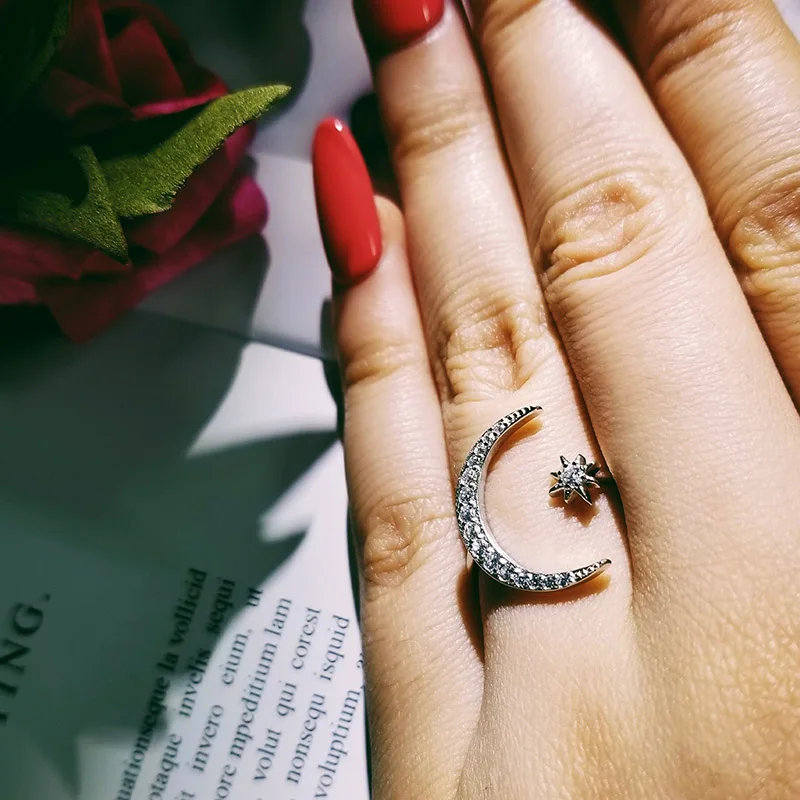 Новая мода 925 Серебряное кольцо накладной Луной и звездами ослепительно открытый палец кольцо для Для женщин, ювелирные изделия для девушек, королевский синий Свадебные Обручение подарок