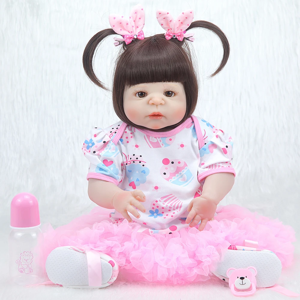 

NPK22inch 55cm pasted black hair full silicone Lifelike newborn Baby girl best kids playmate silicone Bonecas Bebe Reborn doll