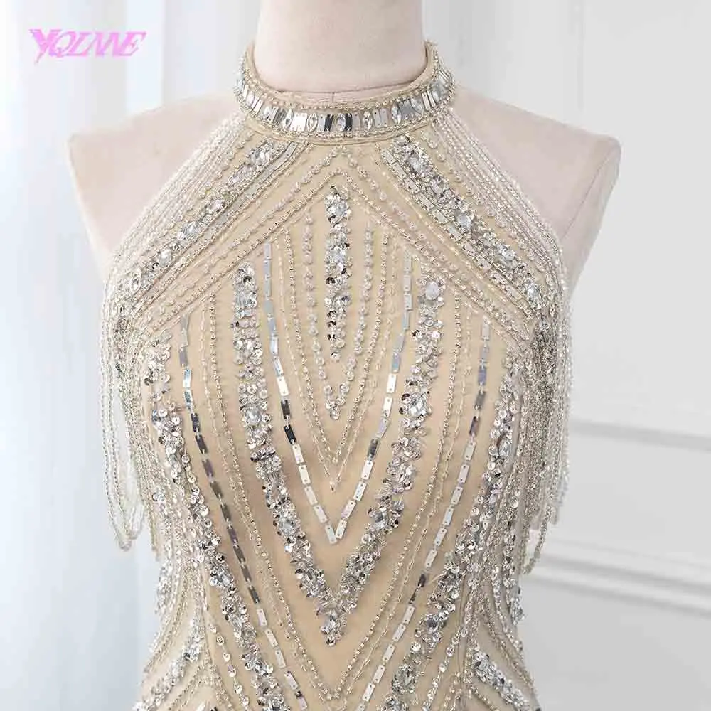 YQLNNE Champagne Crystals Evening Dress Long Pageant Dresses Mermaid Evening Gown Competition