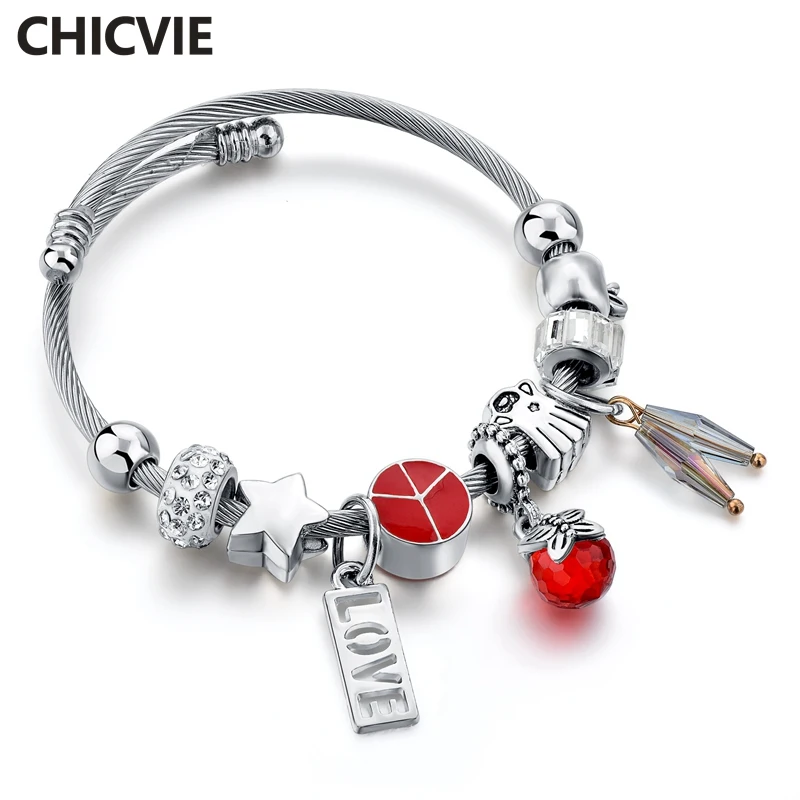 

CHICVIE Red LOVE & Star Apple Bracelets Bangles Charms For Women Girls Luxury Brand Bracelet Stainless Steel Bracelets SBR180108