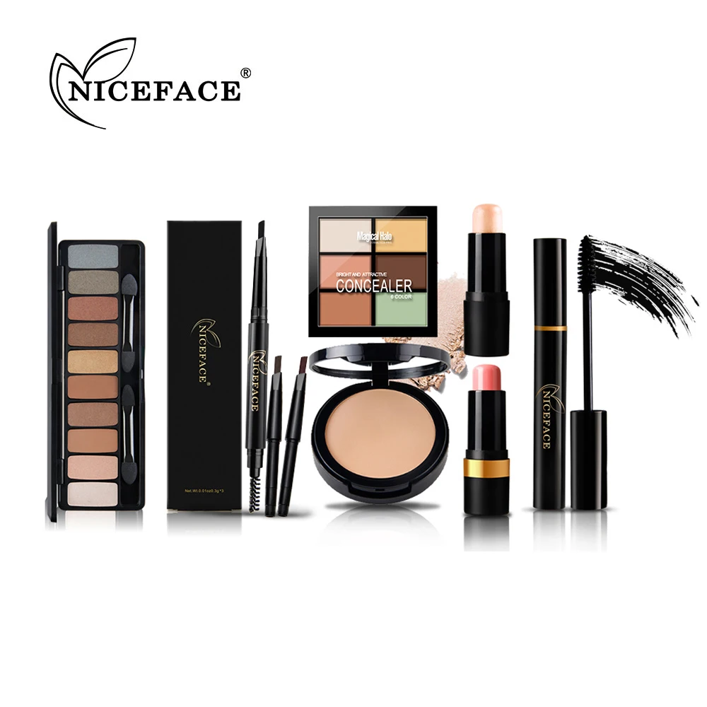 

NICEFACE Makeup Set (7 PCS) Eyeshadow palette + Highlighter Stick + Mascara + Concealing Pressed + Eyebrow Pencil + Contour