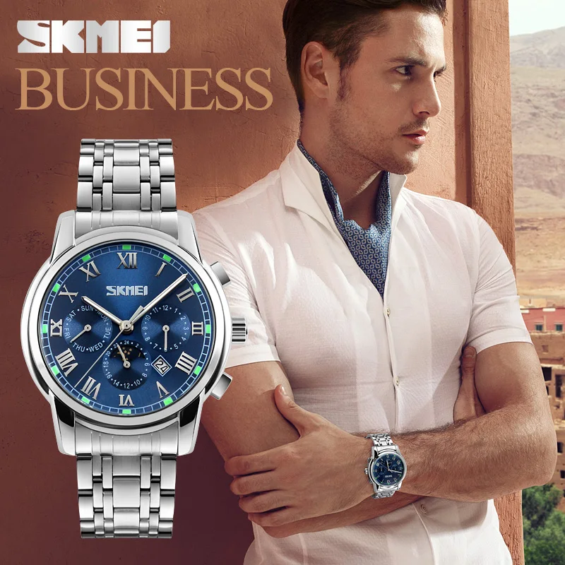 

Hot Sale SKMEI Brand Stainless Steel Strap Analog Display Date Moon Phase Men's Quartz Watch Casual Watch Waterproof Men Watches
