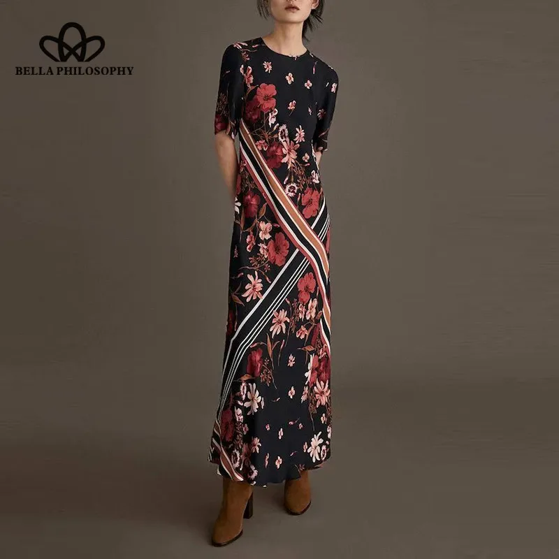 Wonder Spring Short Sleeve Long Dress Vintage Print Floral Female Straight Dress Casual Retro Lady Backless Maxi Dress 2019