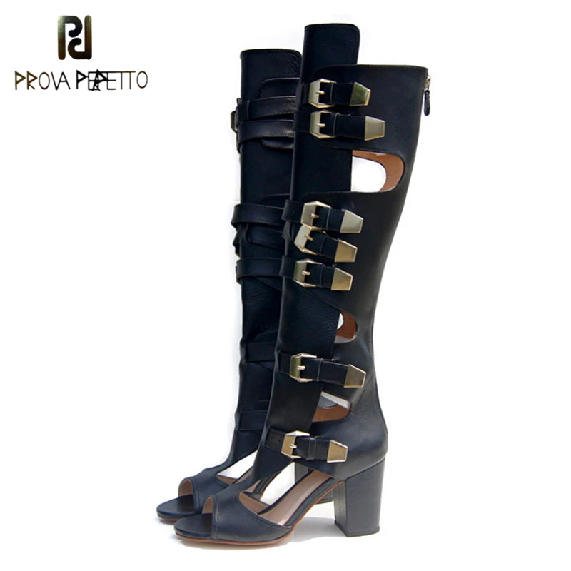 

Prova Perfetto New Design Rome Style High heel Sandals Boots Hollow Out Gladiator Over The Knee Sandal Metal Buckle Summer Shoes