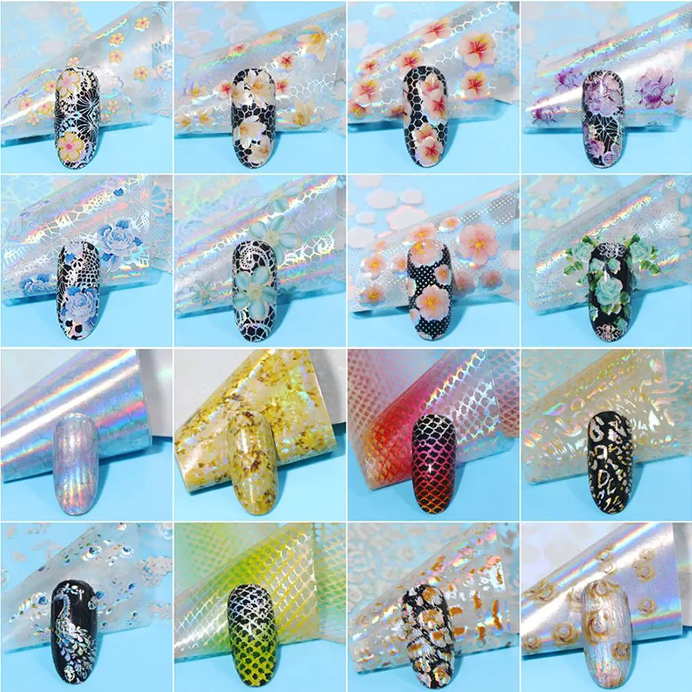 

16Pcs/Set Mix White Lace Nail Art Transfer Foils Holographic Flowers Designs Nail Stickers Decal Wraps Decoration Manicure
